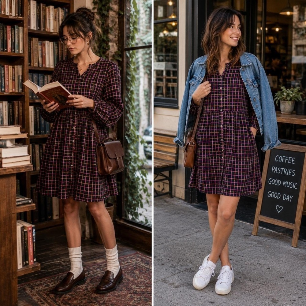 Madewell Windowpane Plaid Tier Dress Sz 0 Black Pink Long Sleeve Dark Academia